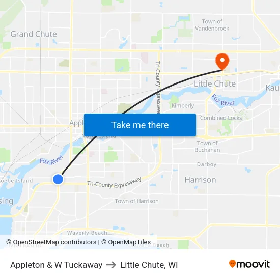 Appleton & W Tuckaway to Little Chute, WI map