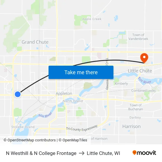 N Westhill & N College Frontage to Little Chute, WI map
