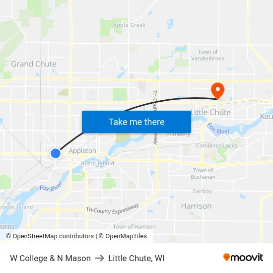 W College & N Mason to Little Chute, WI map