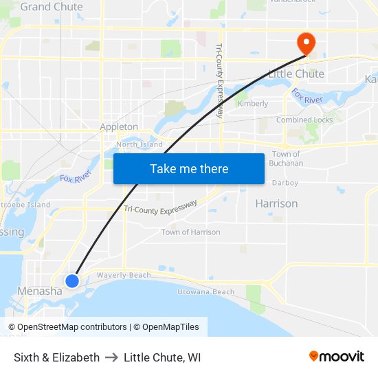 Sixth & Elizabeth to Little Chute, WI map