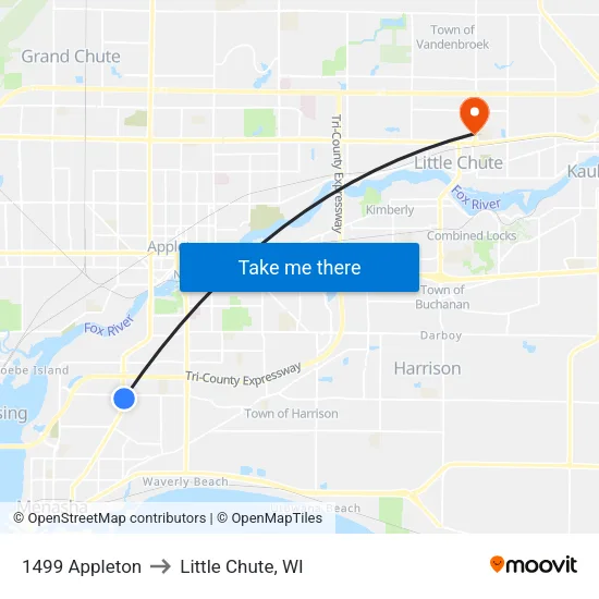 1499 Appleton to Little Chute, WI map