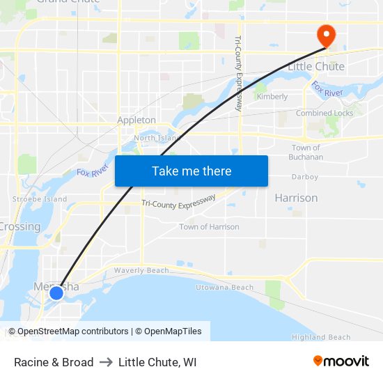 Racine & Broad to Little Chute, WI map