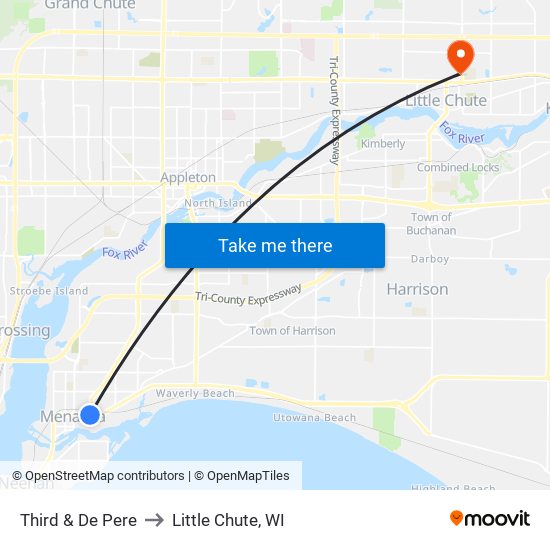Third & De Pere to Little Chute, WI map