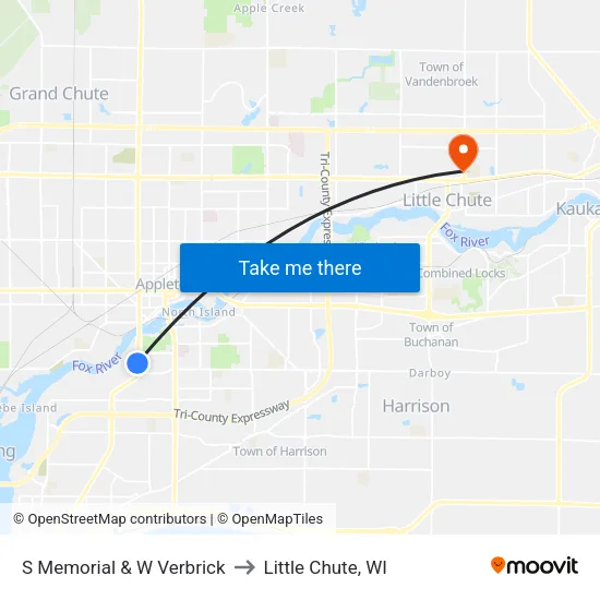 S Memorial & W Verbrick to Little Chute, WI map