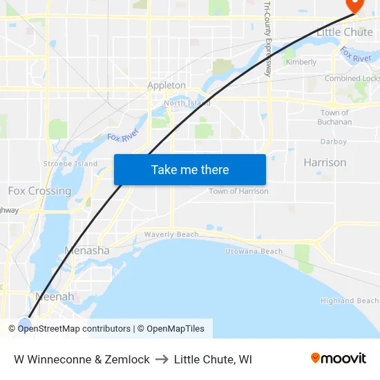 W Winneconne & Zemlock to Little Chute, WI map