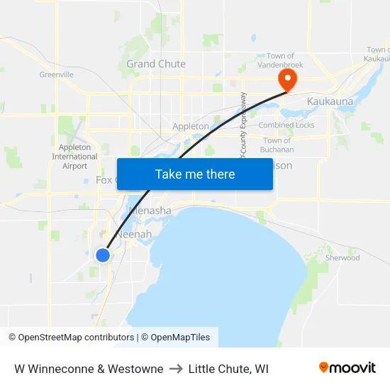 W Winneconne & Westowne to Little Chute, WI map