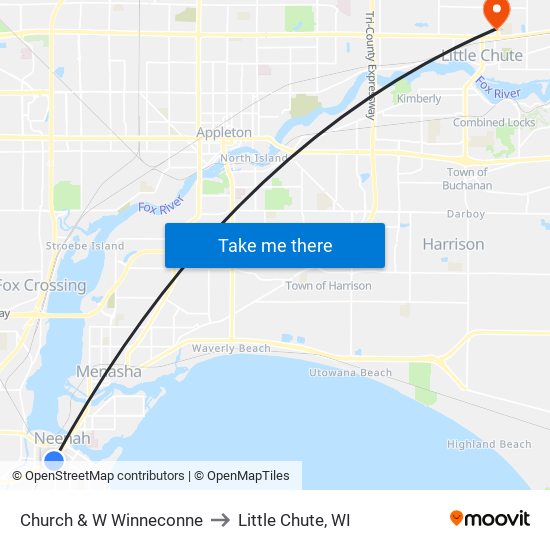 Church & W Winneconne to Little Chute, WI map