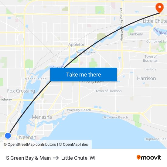 S Green Bay & Main to Little Chute, WI map