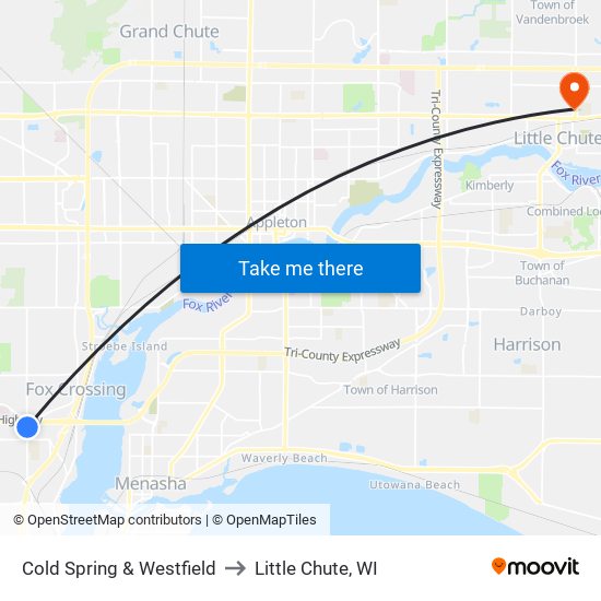 Cold Spring & Westfield to Little Chute, WI map