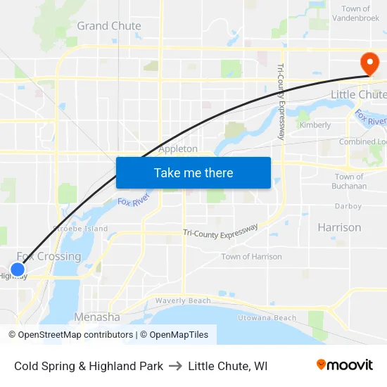 Cold Spring & Highland Park to Little Chute, WI map