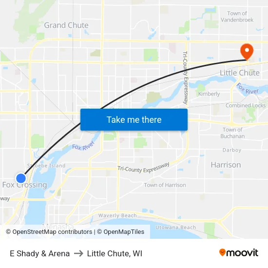 E Shady & Arena to Little Chute, WI map