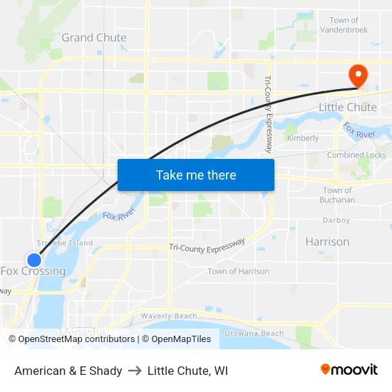 American & E Shady to Little Chute, WI map