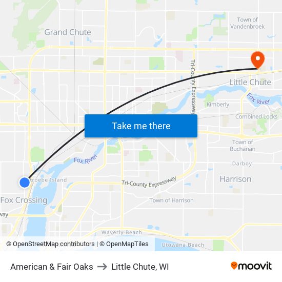 American & Fair Oaks to Little Chute, WI map