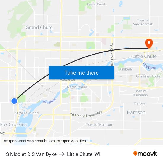 S Nicolet & S Van Dyke to Little Chute, WI map