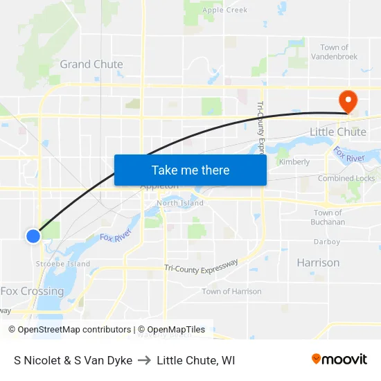 S Nicolet & S Van Dyke to Little Chute, WI map