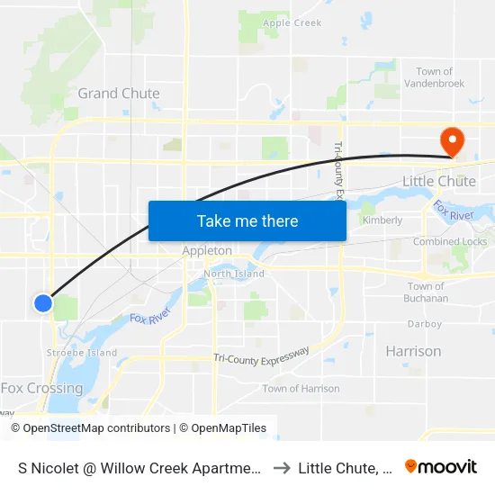 S Nicolet @ Willow Creek Apartments to Little Chute, WI map