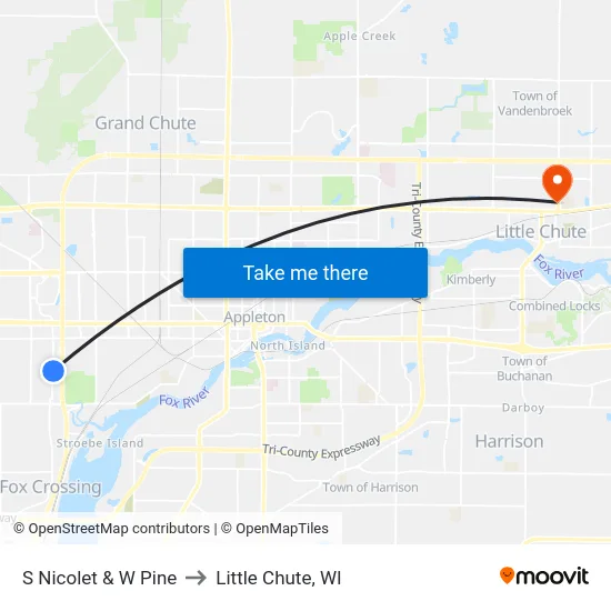 S Nicolet & W Pine to Little Chute, WI map