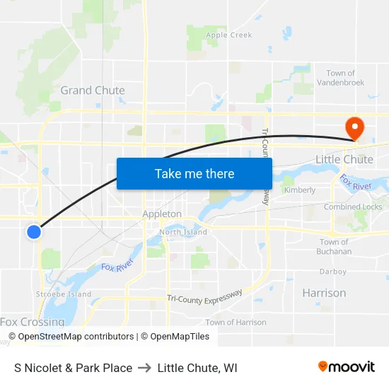 S Nicolet & Park Place to Little Chute, WI map