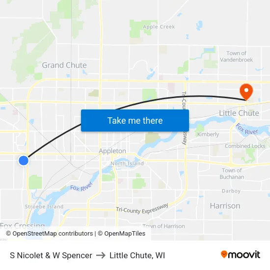 S Nicolet & W Spencer to Little Chute, WI map
