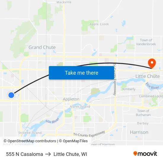 555 N Casaloma to Little Chute, WI map