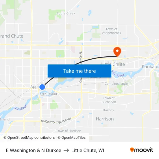 E Washington & N Durkee to Little Chute, WI map