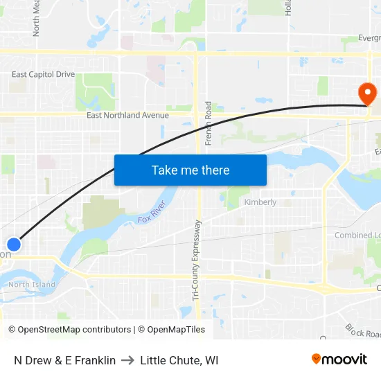 N Drew & E Franklin to Little Chute, WI map