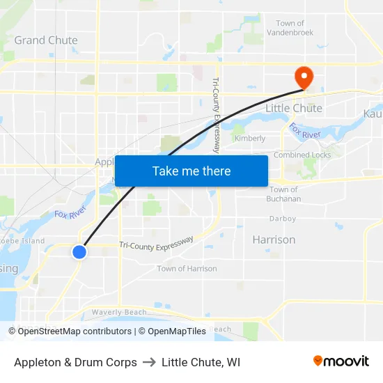 Appleton & Drum Corps to Little Chute, WI map