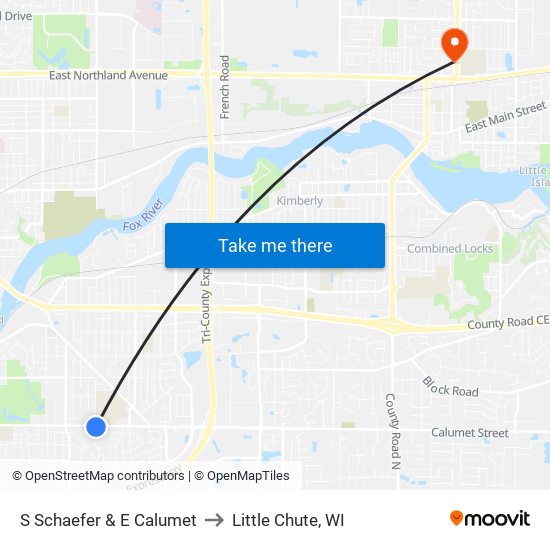 S Schaefer & E Calumet to Little Chute, WI map