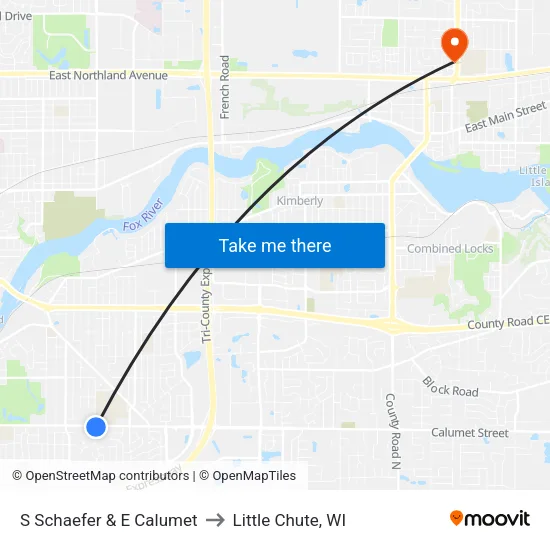 S Schaefer & E Calumet to Little Chute, WI map