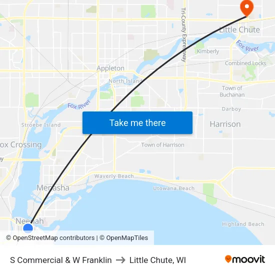 S Commercial & W Franklin to Little Chute, WI map