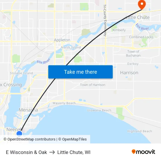 E Wisconsin & Oak to Little Chute, WI map