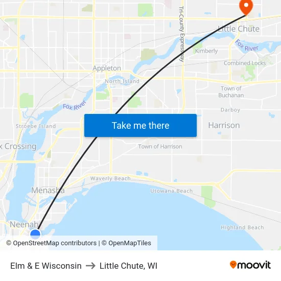Elm & E Wisconsin to Little Chute, WI map