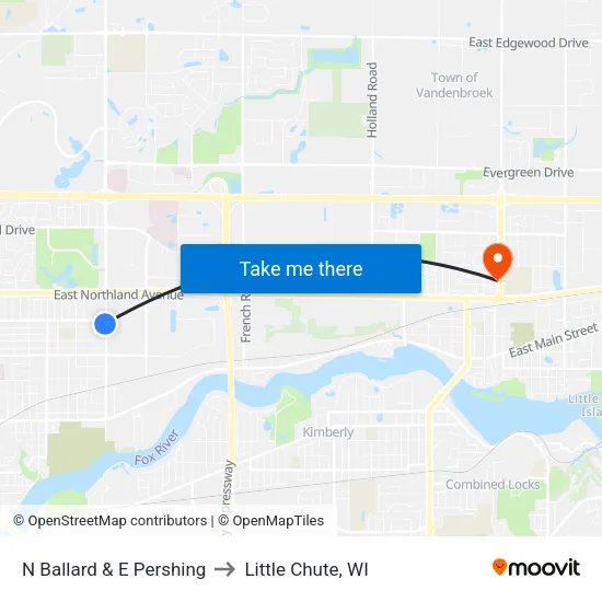 N Ballard & E Pershing to Little Chute, WI map