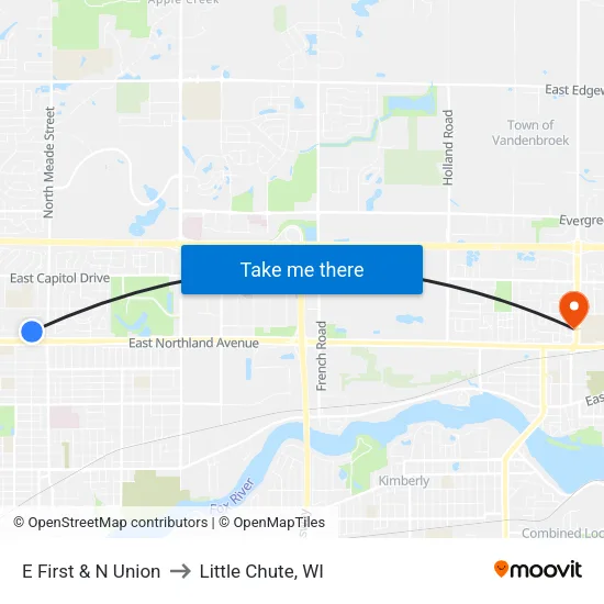 E First & N Union to Little Chute, WI map