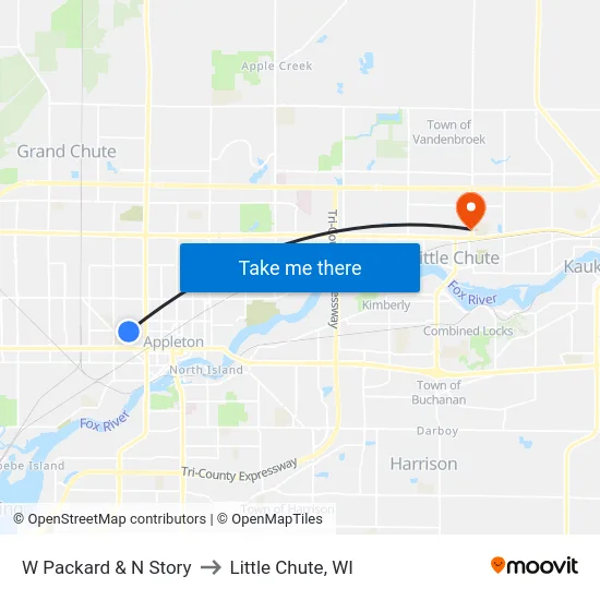 W Packard & N Story to Little Chute, WI map
