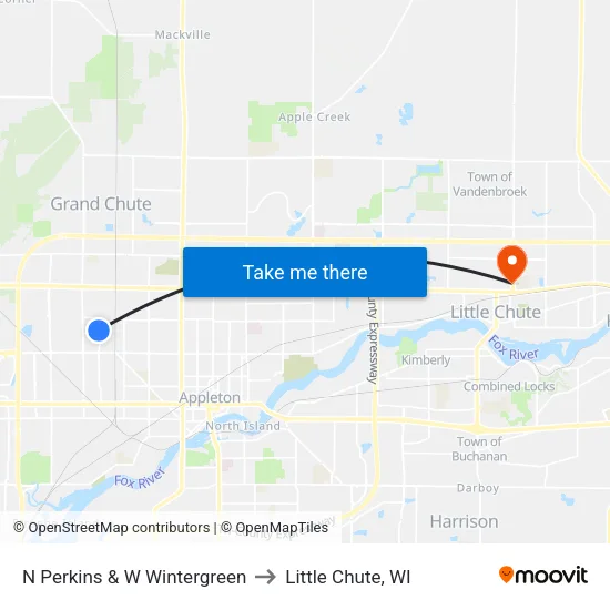 N Perkins & W Wintergreen to Little Chute, WI map