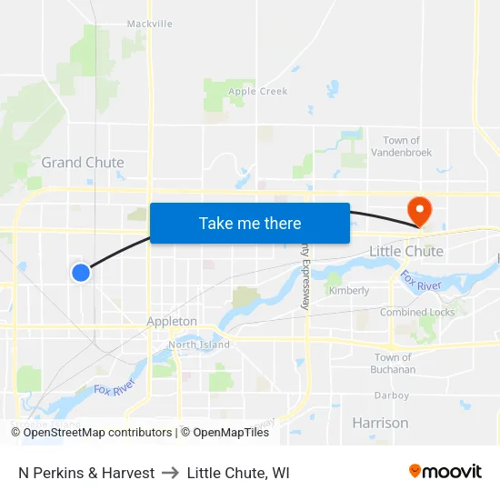 N Perkins & Harvest to Little Chute, WI map