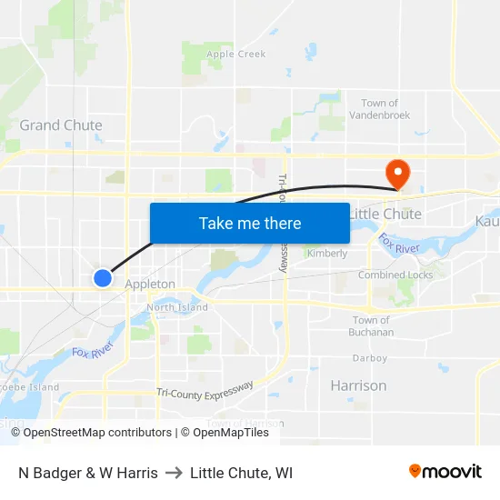 N Badger & W Harris to Little Chute, WI map