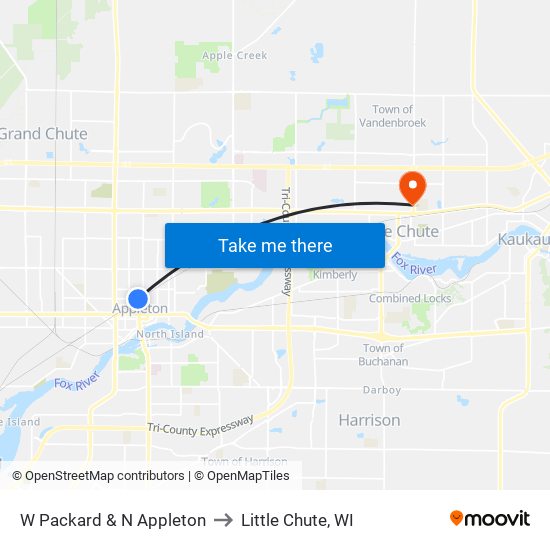 W Packard & N Appleton to Little Chute, WI map