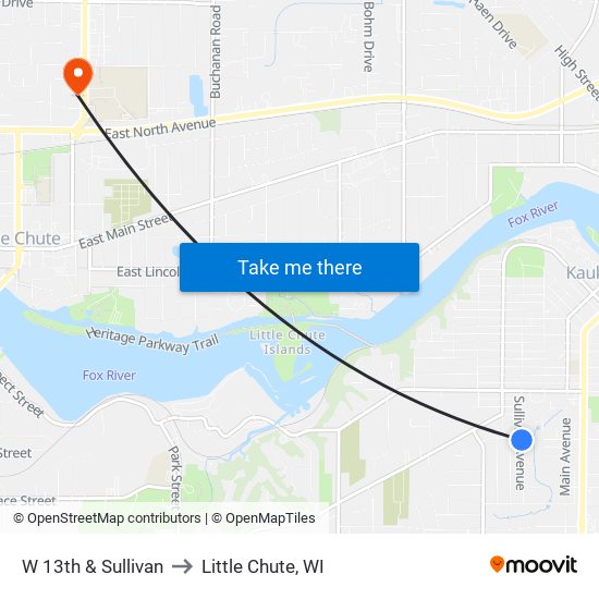 W 13th & Sullivan to Little Chute, WI map