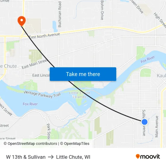 W 13th & Sullivan to Little Chute, WI map
