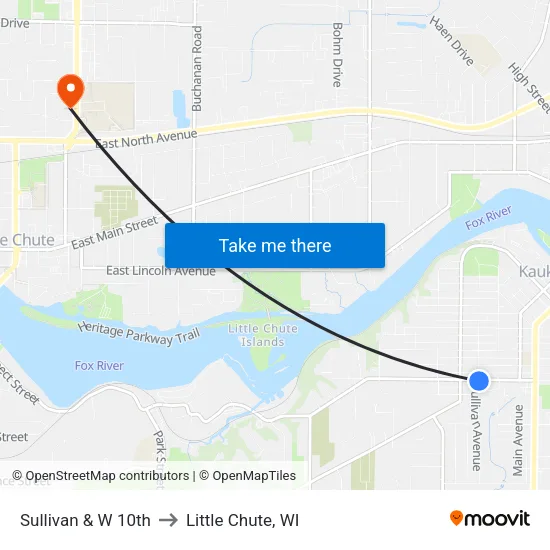 Sullivan & W 10th to Little Chute, WI map