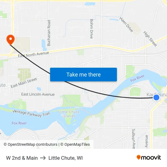 W 2nd & Main to Little Chute, WI map