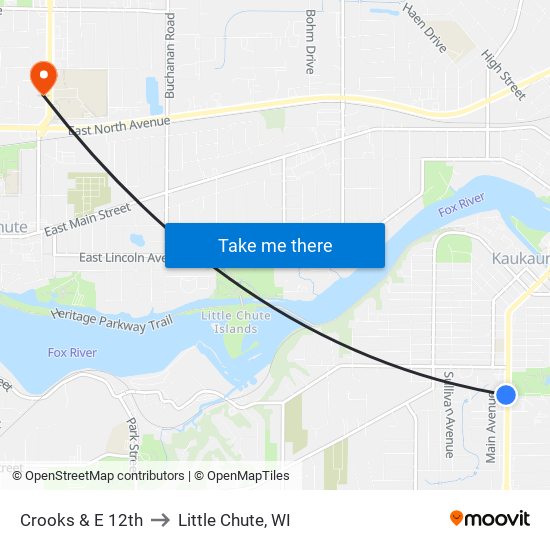 Crooks & E 12th to Little Chute, WI map