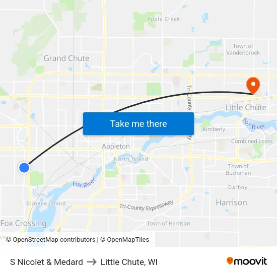 S Nicolet & Medard to Little Chute, WI map