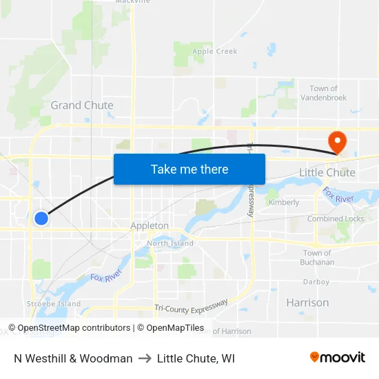 N Westhill & Woodman to Little Chute, WI map