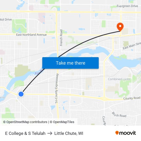 E College & S Telulah to Little Chute, WI map