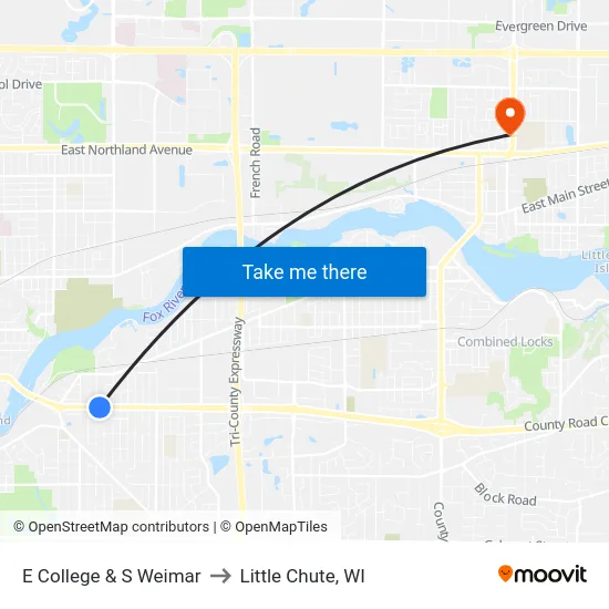 E College & S Weimar to Little Chute, WI map