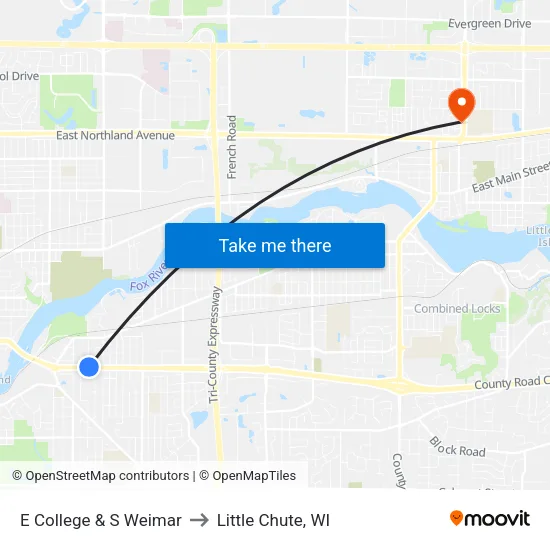 E College & S Weimar to Little Chute, WI map