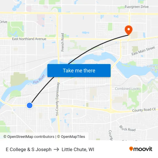 E College & S Joseph to Little Chute, WI map